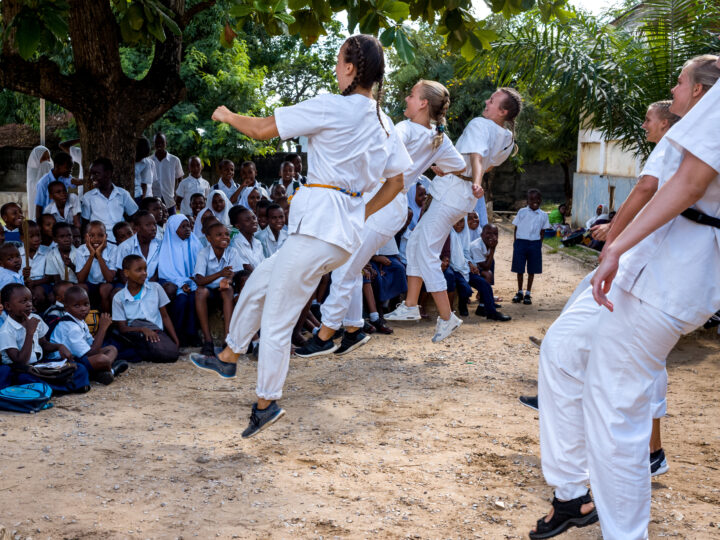 Students mid-air during their performance of a campaign